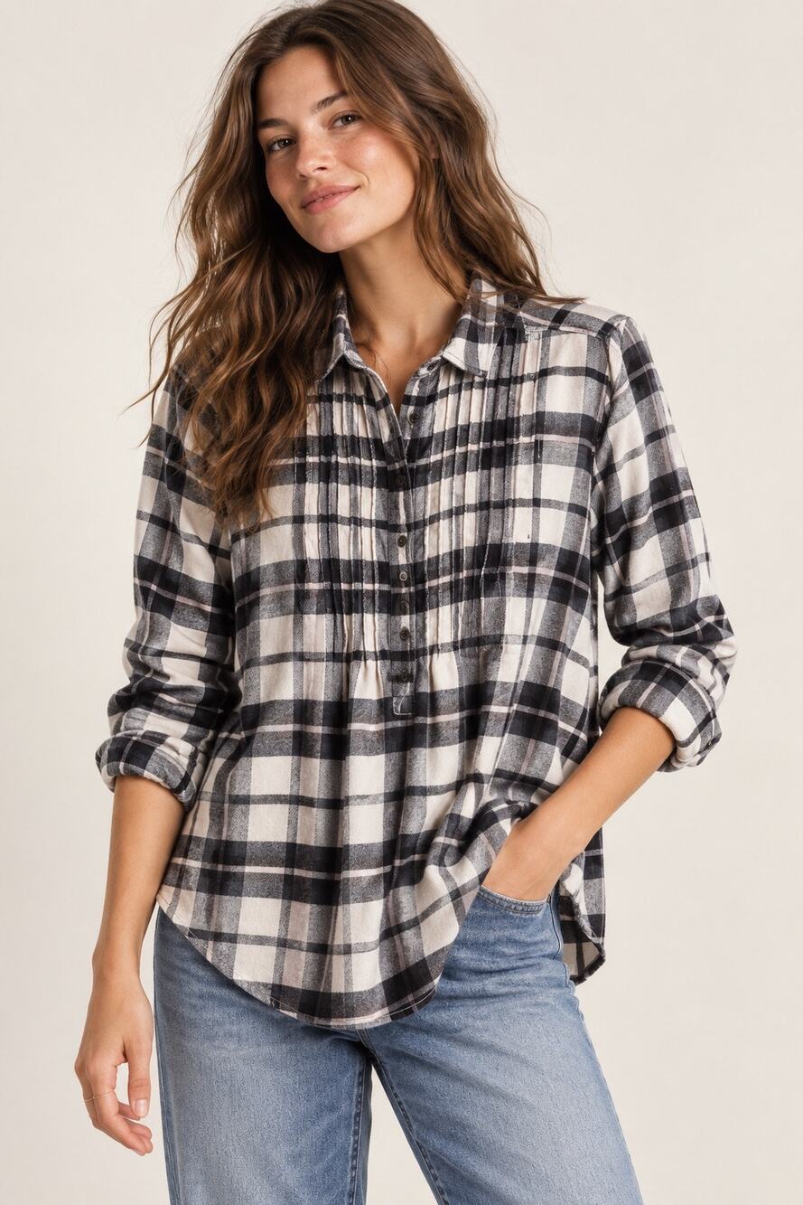 American Eagle Plaid Flannel Popover Top Black White Lavender M